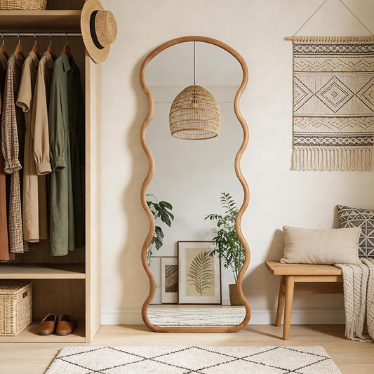 WallBeyond 24"x65" Full Length Wood Arched Mirror, Natural Wood Boho Accent Mirror with Wavy Design, Decorative Floor or Wall Mounted for Bedroom