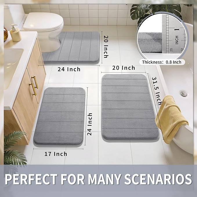 Yimobra Memory Foam Bath Mat, Super Soft Absorbent Bathroom Rug Non Slip, Quick Dry, Machine Washable Floor Carpet for Tub Shower, Home Decor Accessories, 24x17, Grey
