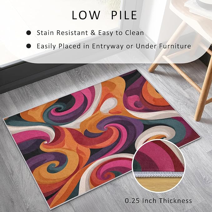 70s Rug 7x9 Retro Funky Hippie Psychedelic Swirl Pattern Area Rugs for Living Room, Bedroom, 70s Home Decor Accessories Indoor Carpet, Non Slip & Machine Washable, GD0400
