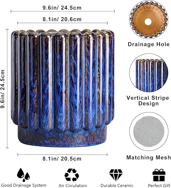 Ceramicfor Ceramic Planter, 9.6 Inch, Blue | Round Flower Pot, Drainage Hole, Large Fluted Modern Design, Indoor Outdoor Use