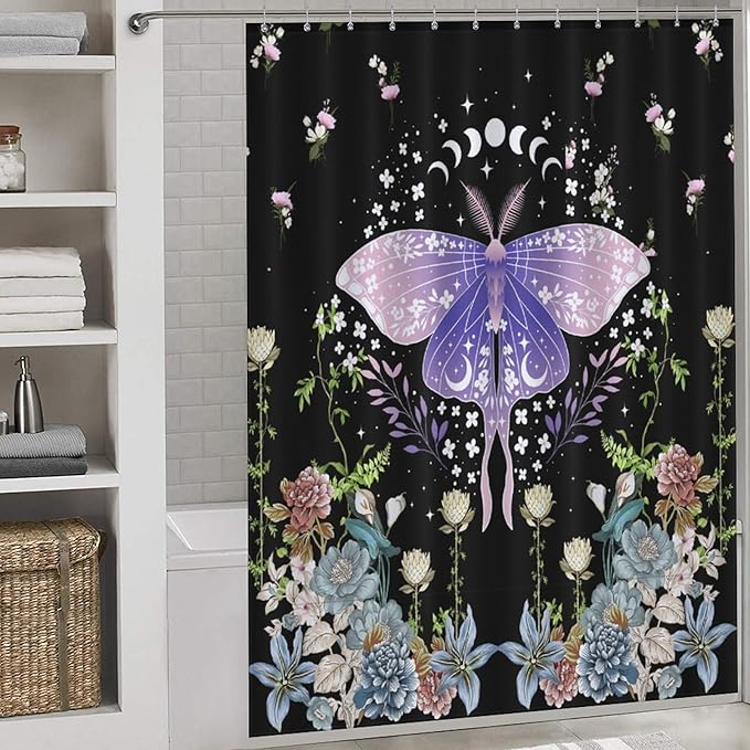 Floral Moth Moon Shower Curtain, Nature Aesthetic Flower Phase of The Moon Artistic Design Waterproof Shower Curtains for Bathroom Decor 12 Pack Hooks 66x72in（168x183cm）