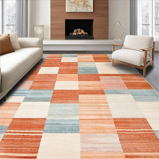 Flatwoven High Traffic Area Rug 5x7, Eclectic Layered Geometric, Non Slip, Stain Resistant, Washable Area Rugs for Living Room, Bedroom (Orange, 5x7)