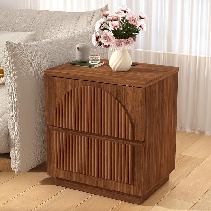 Nightstand with Drawers, 2-Drawer Arched Fluted Nightstand with Charging Station, Wooden Night Stand with Storage,Modern Furniture for Bedroom Organization, Walnut