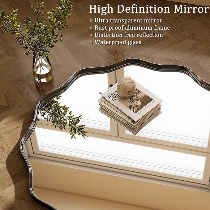 Round Wavy Mirror - 24 Inch Bathroom Vanity Mirror Metal Frame Circle Wall Mounted Mirror for Bedroom Living Room Entryway, Black