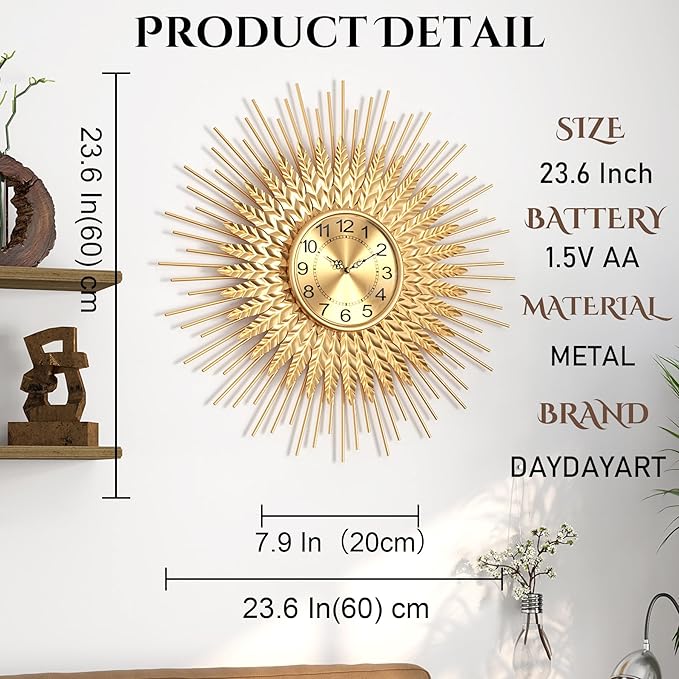 Large Mid Century Gold Wall Clock Decorative Modern Sunburst Wall Clocks, Metal Big Silent Non-Ticking Clock, Luxury Home Gift Decor for Living Room, Bedroom, Dining Room, 24 inch