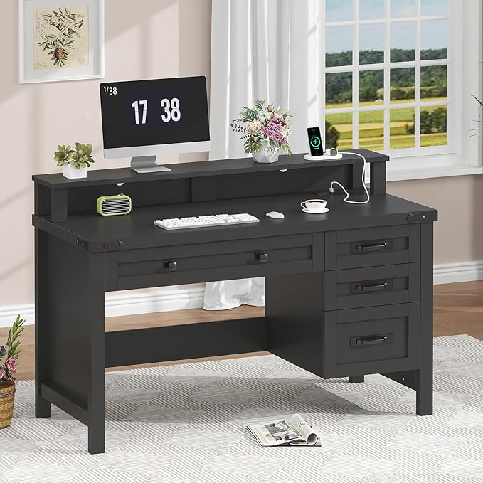 YOMILUVE Farmhouse Computer Desk with Drawers, 47" Small Computer Desk with Power Outlets, Home Office Desk with Monitor Stand & 4 Drawers, Writing Study Table, Black