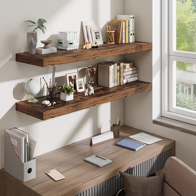 48 Inch Floating Shelves for Wall - 12 Inch Deep Fireplace Mantel Shelf - Wood Floating Shelf for Wall - Large Storage Shelves Wall Mount for Living Room & Bedroom - Rustic Brown - Set of 2
