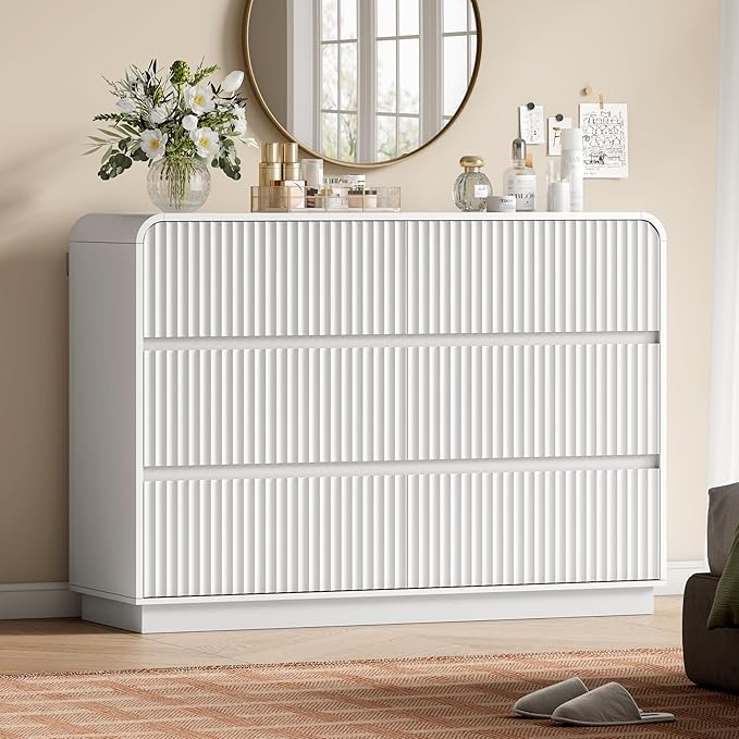 White Dresser Fluted 6 Drawers Dresser for Bedroom, 47" Wide Wood Chest of Drawers with Hidden Handles & Rounded Corners, Modern TV Stand Storage Cabinet for Living Room, Hallway, Entryway