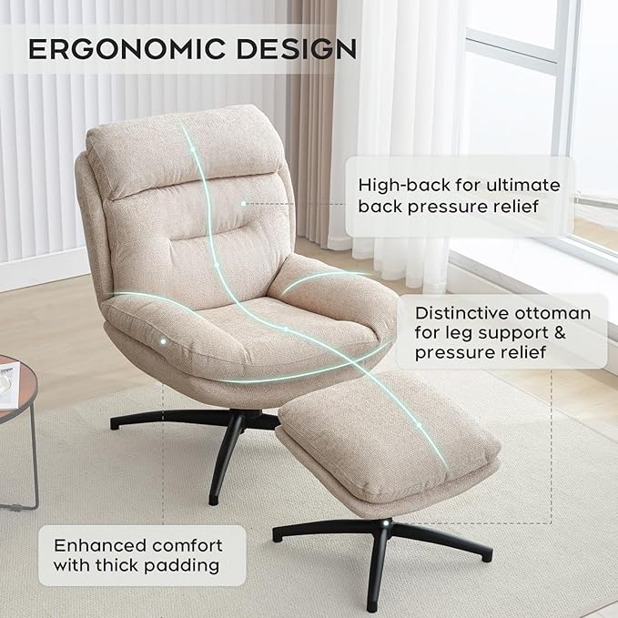Swivel Accent Chair with Ottoman Set for Living Room, Chenille Comfy Reading Chair with High Back, TV Lounge Chair with 360 Degree Swiveling, Tilting for Bedroom, Modern Armchair with Footrest, Beige