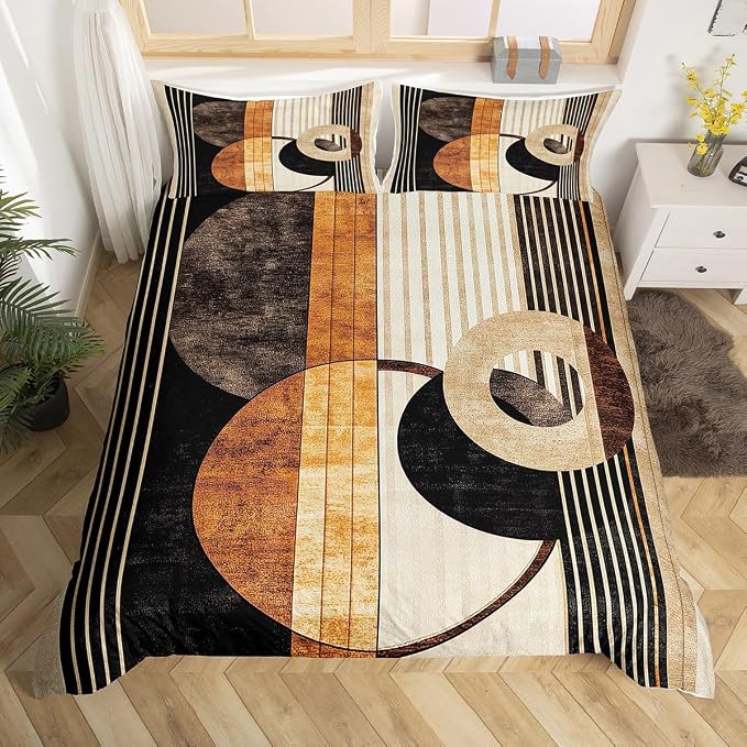 Modern Geometric Duvet Cover Set Twin Size,Retro Striped Circle Bedding Set,Boys Girls Room Decor,Abstract Aesthetic Stripes Lines Comforter Cover,Brown Black Quilt Cover,1 Pillowcase(No Filler)