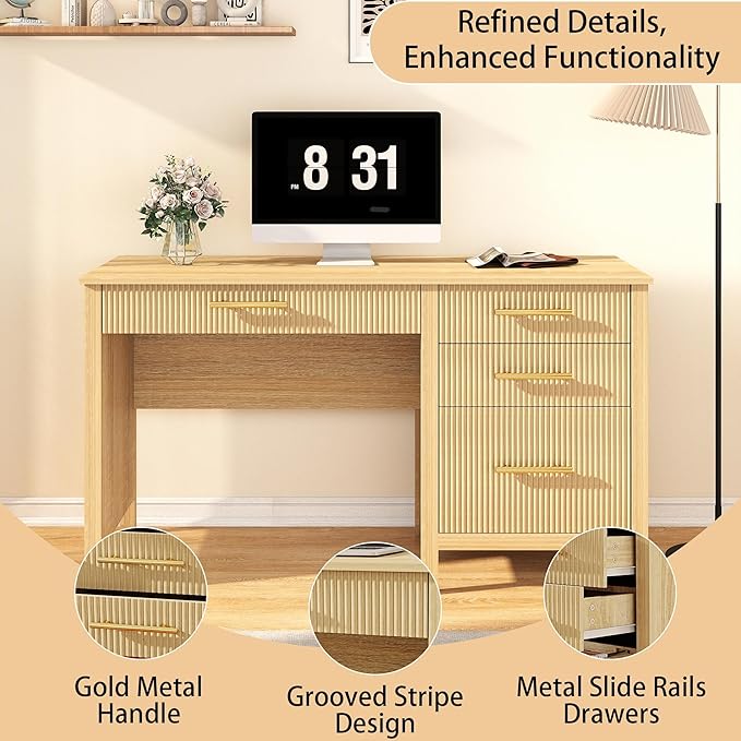 Modern Executive Desk with Drawers: 54" Oak Home Office Desks with File Drawers, Wood Fluted Computer Writing Desk for Work, Study, and Living Room (54")