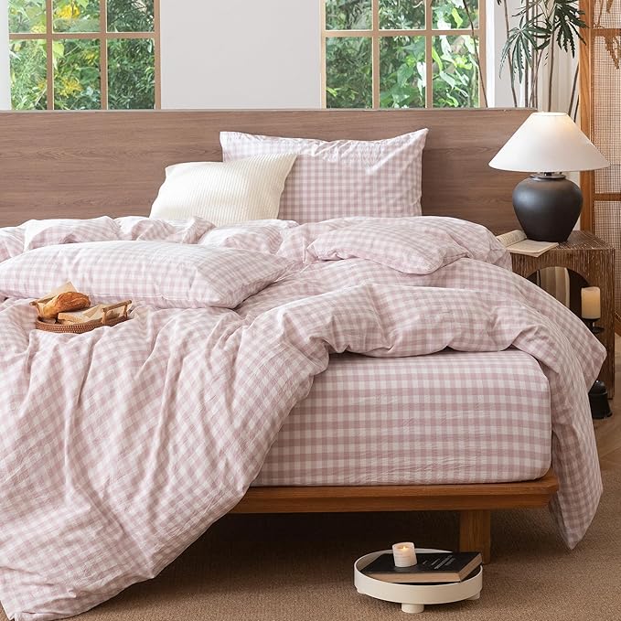MooMee Gingham Duvet Cover Set 100% Washed Cotton Linen Like Textured Breathable Durable Soft Comfy Modern Checkered Design (Classic Gingham Greyish Pink, Full 80"x90")