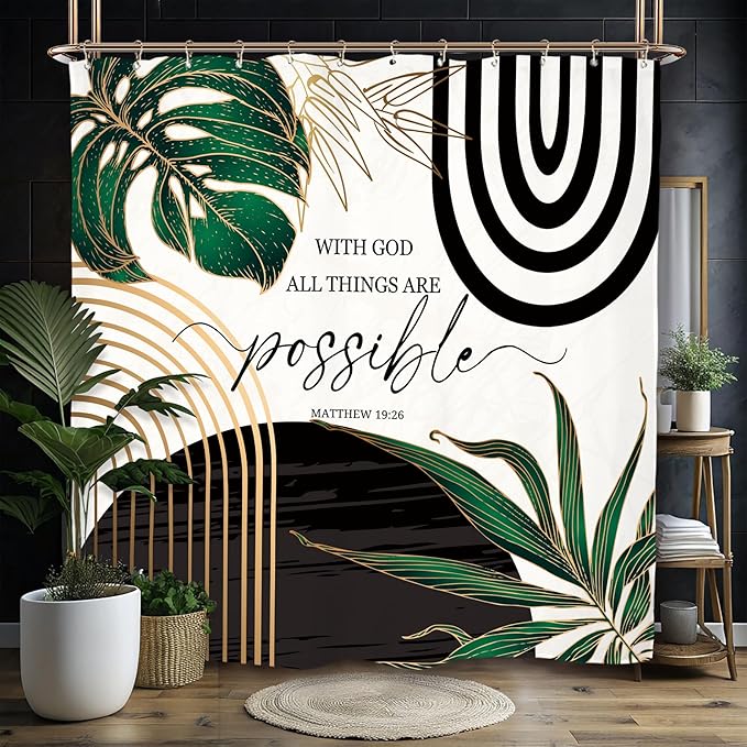Miyotaa Emerald Green Abstract Shower Curtain Set 71Wx71H Inches Bible Minimalist Aesthetic Modern Contemporary Inspirational Motivational Polyester Waterproof Bathroom Curtain with 12 Hooks