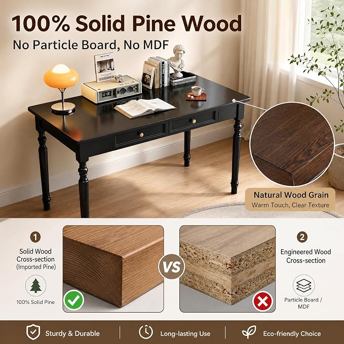 Walnut Writing Desks with Drawers, 47" Solid Wood French Country Style Computer Desk for Home Office, Living Room Study Workspace or Bedroom, Traditional Vanity Dressing Table