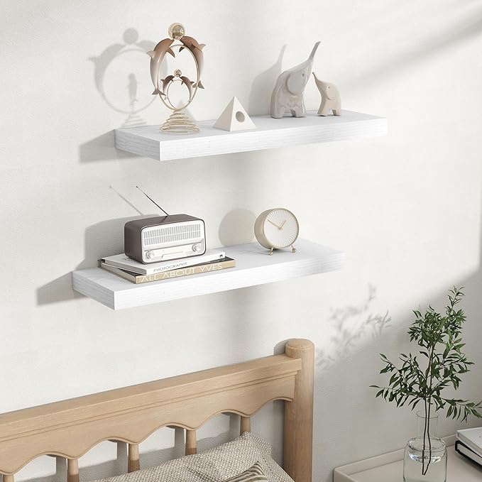 Fun Memories Rustic Floating Wall Shelves, Wall Mounted Wood Storage & Display Shelves for Bathroom, Bedroom, Living Room or Kitchen, (Set of 2, White, 24 in)