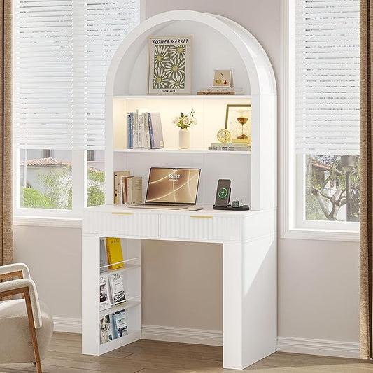 Arched Desk for Home Office, Computer Desk with 2 Drawers & Hutch, Wood Writing Desk with Power Outlets, 3 Color LED Lights, Side Open Shelves, Modern Fluted Design, 35.4" W x 70.8" H (White)