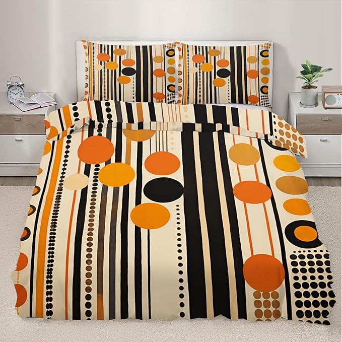 Retro Middle Ages Duvet Cover Full Size, Orange Geometric Art Bedding Set 3 Piece Bedroom Decor Modern Stripes Patterned Comforter Cover with Zipper Ties & 2 Pillowcases