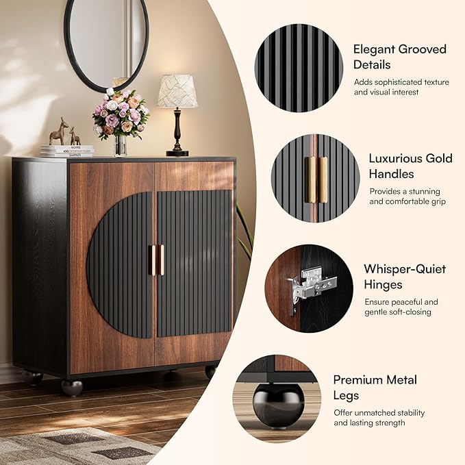 29" Fluted Modular Buffet Cabinet with Storage, Mid Century Modern Sideboard Console Table Credenza w/Adjustable Shelves, Wood Coffee Bar for Living Room/Dining Room/Kitchen/Entryway, Walnut