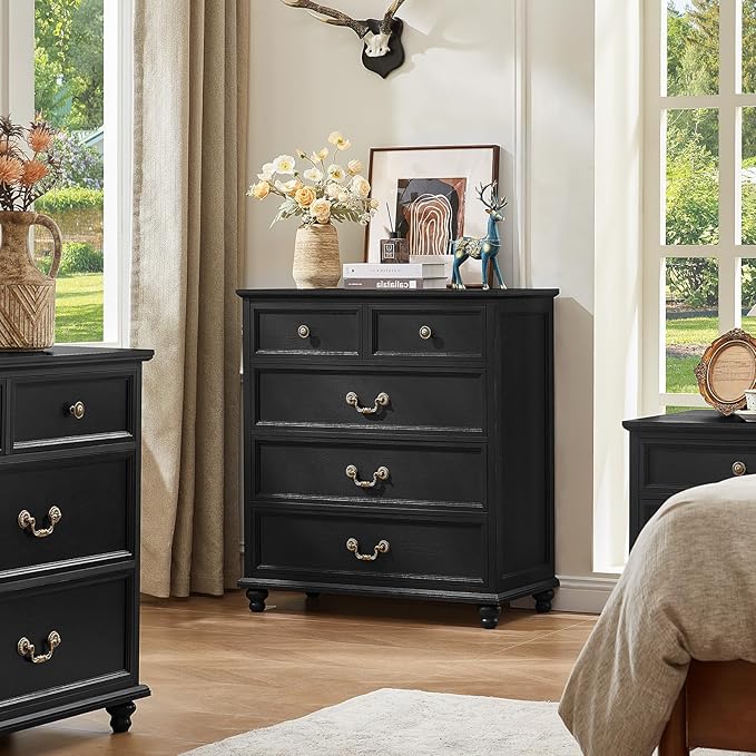 Farmhouse 5 Drawer Dresser for Bedroom, 35" Tall Rustic Chests of Drawers w/ 4 Solid Wood Feet, Mid Century Modern Wooden Closet Storage Dressers Organizer for Living Room, Hallway,Black