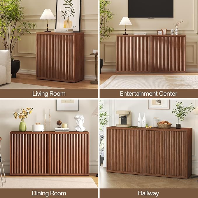 31” Sideboard Cabinet with Storage, Fluted Accent Cabinet with Adjustable Shelves, Modern Wood Credenza Cabinets with Pop-up Doors for Entryway Kitchen Living Room Hallway, Walnut