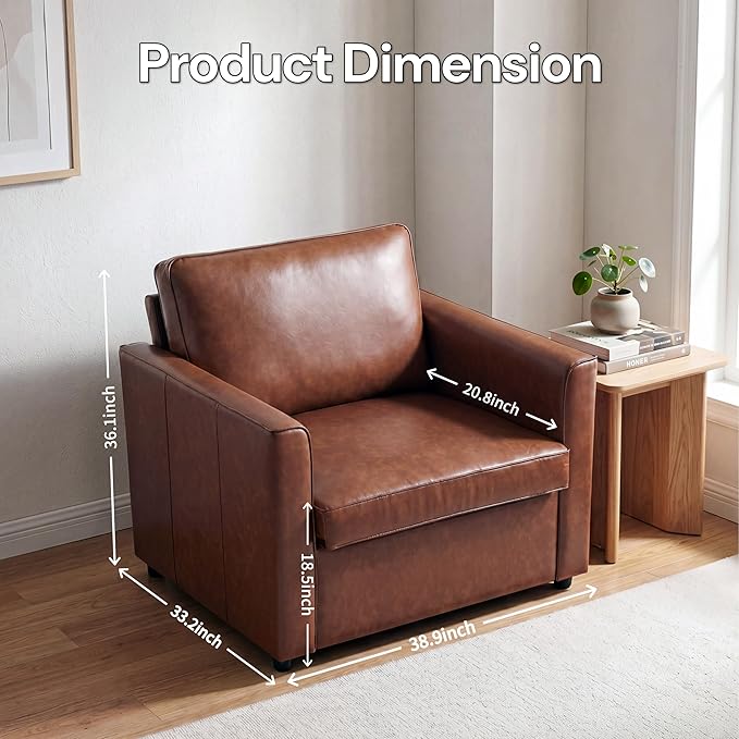 Oversized Armchair, 39" Accent Chair for Living Room, Mid-Century Modern Armchair with Deep Seat Cushion & Solid Wooden Legs, Comfy Faux Leather Side Chair for Reading, Small Space, Brown