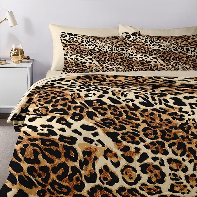 Nesker Comforter Set Queen Size, Leopard Print Wild Cheetah 7 Pcs Bedding for Kids and Adults, Animal Safari Skin Pattern Bed Sheet Sets with Fitted Sheet 2 Pillowcases & 2 Shams