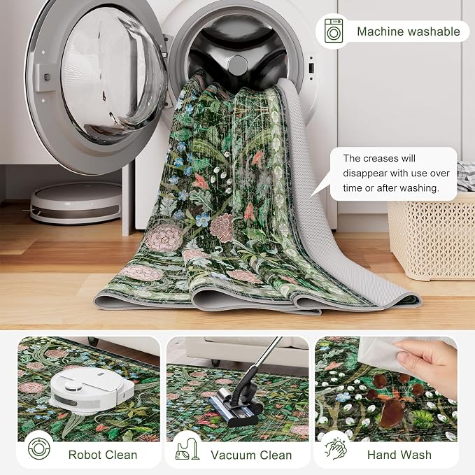 AMTOVO 2x3 Washable Entryway Area Rug Door Mat, Vintage Boho Floral Distressed Print Non-Slip Carpet, Small Throw Rug for Indoor Entrance Kitchen Bedroom Bathroom Laundry Floor, Dark Green