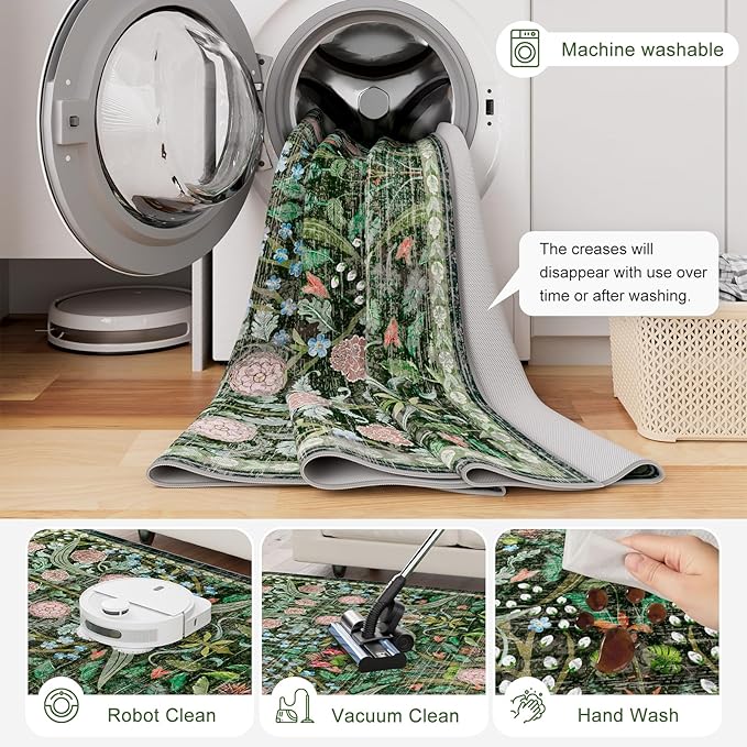 AMTOVO 2.7x8 Runner Rug for Hallway, Washable Non-Slip Long Kitchen Carpet, Floral Vintage Distressed Floor Mat for Hallways Entryway Living Room Laundry Room Bathroom Farmhouse, Dark Green