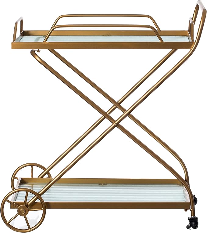 Vintiquewise Gold Metal Bar Cart with Wheels & Handles, Vintage Rolling Liquor Cart, Glass Shelves, Portable Mini Bar for Home, Dining, Living Room, Entryway, Modern Bar Cart