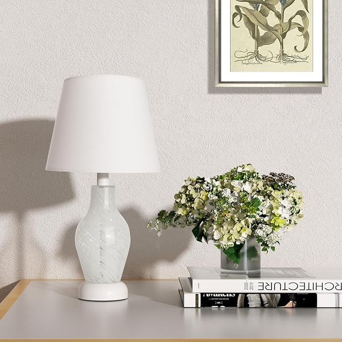 ONEWISH Modern Table Lamp-Small Bedside Nightstand Lamp with Wine Bottle Shape Glass Body, Desk Lamp for Reading, 3000K Bulb Included, 14", White