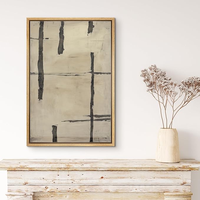 MUDECOR Framed Canvas Print Wall Art Black & Beige Brushstroke Abstract Illustrations Fine Art Mid-Century Modern Multicolor for Living Room, Bedroom, Office - 16"x24" NATURAL