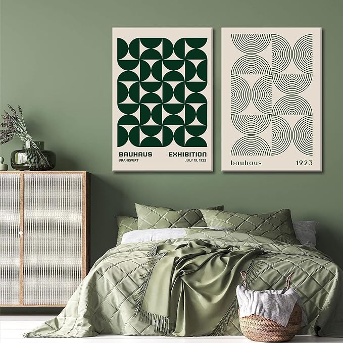 2Pcs Bauhaus Mid Century Modern Wall Art Retro Exhibition Posters Prints Green Boho Geometric Abstract Minimalist Wall Decor Pictures for Bedroom iving Room Dining Room Framed (Green, 16x24in Framed)