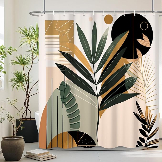 Boho Shower Curtain Mid Century Style Plant Leaves Bathroom Curtain Modern Abstract Graphic Waterproof Fabric Decor Shower Curtain with Hooks 72x78 Inch