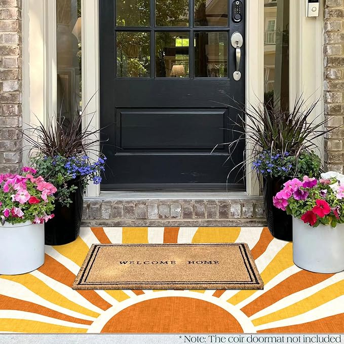 3x5 Boho Entry Rug - Small Washable Indoor Outdoor Mats for Front Door Non-Slip Porch Rug Orange Modern Retro Sun Throw Rugs for Living Room Bedroom Entryway Kitchen Office Porch Decor