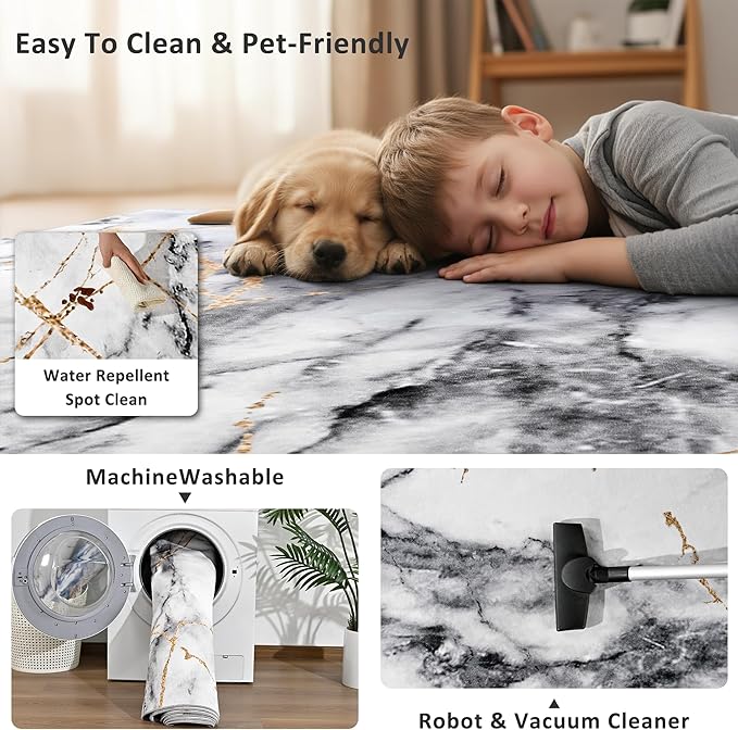 Merelax 4x6 Area Rug for Livingroom Bedroom - Washable Non-Slip Abstract Grey Rug, Indoor Floor Carpet Low Pile Soft Rug for Entryway, Mudroom, Kitchen, Modern Aesthetic Home Decor, Gray&Gold