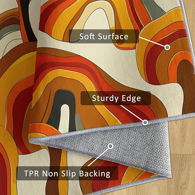 70s Retro Rug Square 8x8 Psychedelic Funky 1970s Abstract Pattern Area Rugs for Living Room, Bedroom, 70s Retro Home Decor Accessories Indoor Carpet, Non Slip & Machine Washable, GD0342