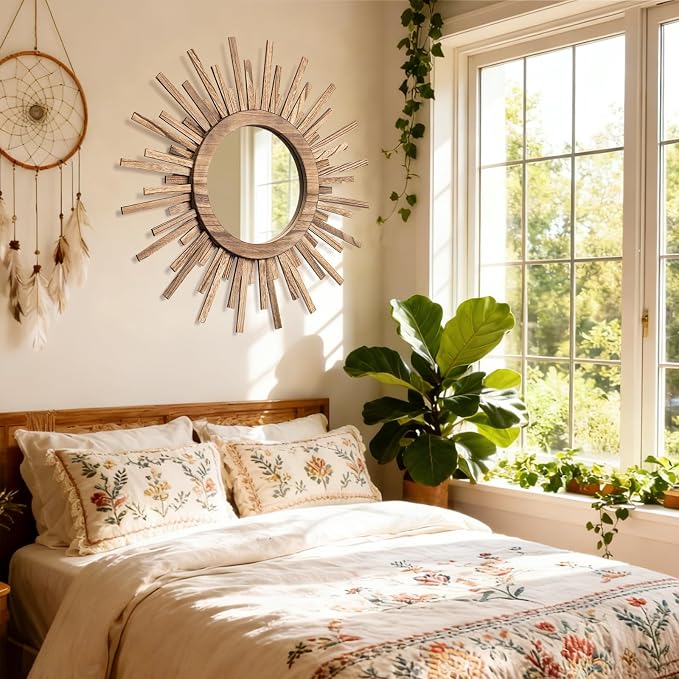 24 Inch Boho Sunburst Mirror, Round Wooden Wall Decor Starburst Sun Mirror for Bedroom, Living Room, Bathroom, Hallway, Balcony, Farmhouse Entryway, Housewarming Gift（Rustic Brown