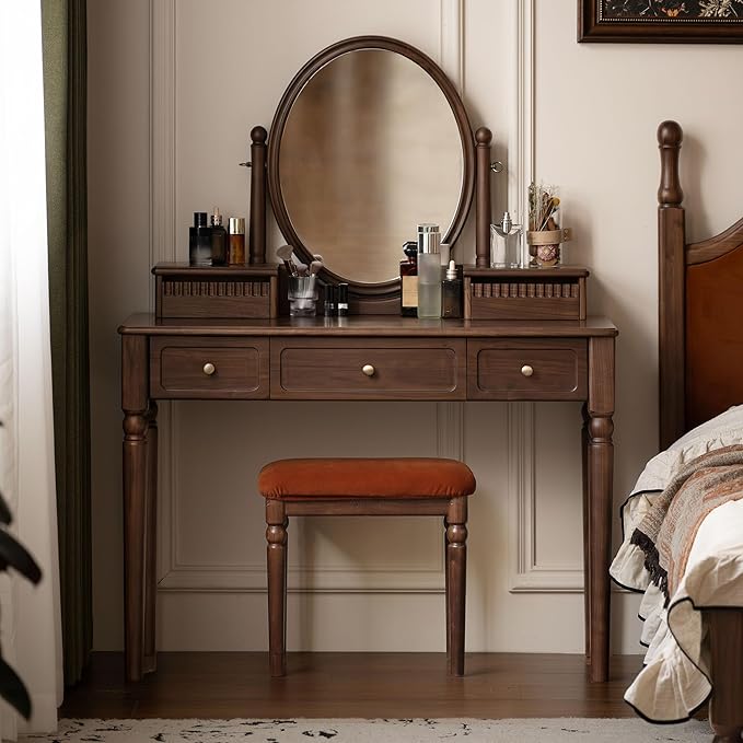 Vintage Vanity Desk with Rotating Mirror, Solid Walnut Dressing Table for Bedroom, Dark American Style Vanity, 37" W x 18" D x 56" H
