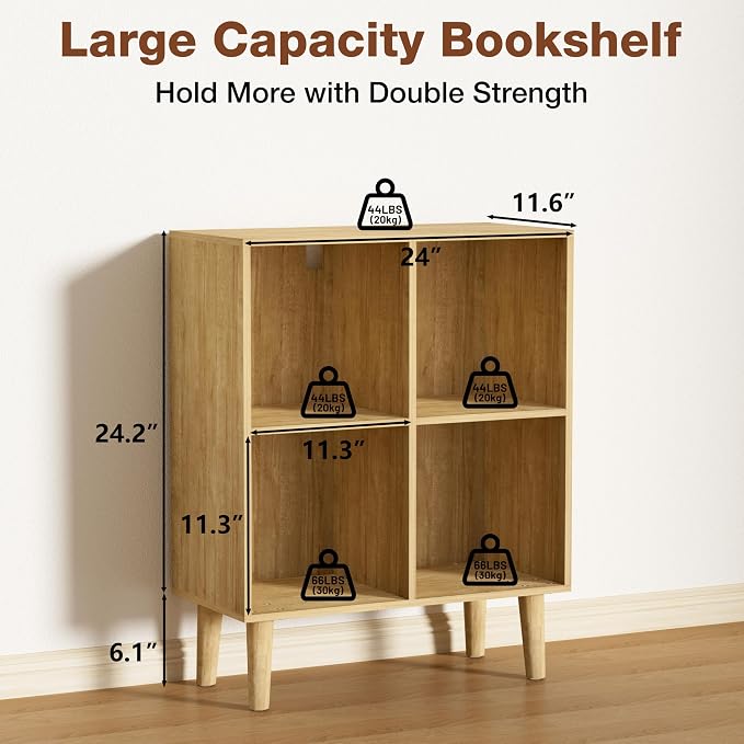 4 Cube Bookcase, Wooden Book Shelf Cube Storage Organizer with Legs, 2 Tier Bookshelf Freestanding Open Shelves for Living Room, Bedroom, Home Office (Oak, 4 Cube)