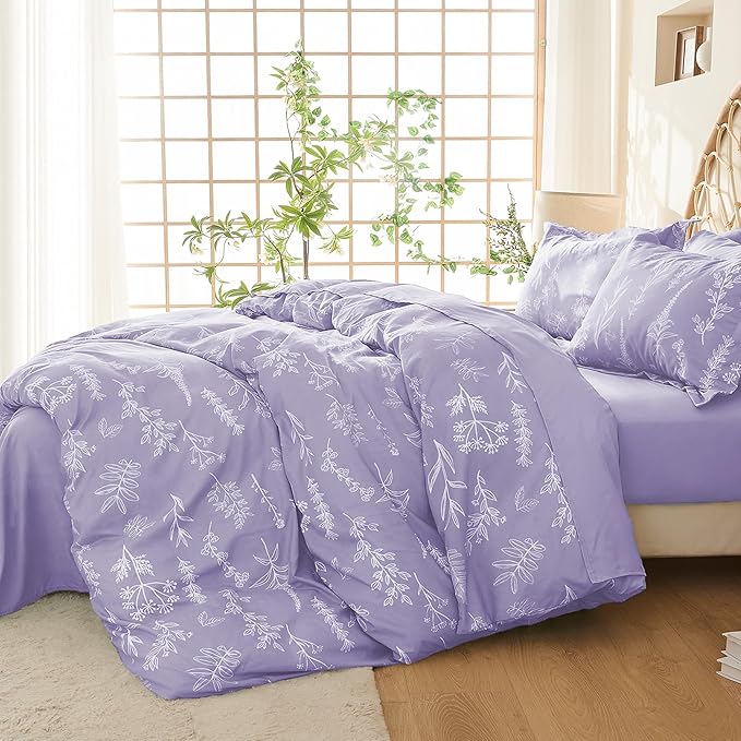 MUXHOMO Duvet Cover King Size, Reversible Floral Lavender Duvet Cover Set with Zipper Closure, 3 Pieces Botanical Patterns Soft Microfiber Bedding Set (90"x104", 2 Pillow Cases 20"×36")