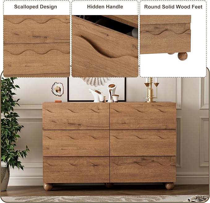 Scalloped Dresser for Bedroom with 6 Drawers, 47" Wide Modern Chest of Drawers with Hidden Handle, Fluted Wood Closet Clothes Storage Organizer, Wooden Dresser for Living Room, Hallway, Natural Oak