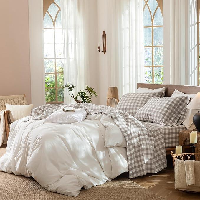 MooMee Gingham Sheet Set 100% Washed Cotton Linen Like Textured Breathable Soft w/Fully Elasticized 16-19" Deep Pocket (Buffalo Plaid Tannish Linen Grey, Queen)