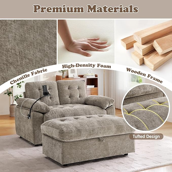 Oversized Chaise Lounge Chair Indoor with Ottoman&Adjustable Backrest,Chenille Tufted Recliner Comfy Loveseat Sofa Chair with USB&Phone Holder,Convertible Sleeper Couch Bed for Living Room(56"W,Brown)