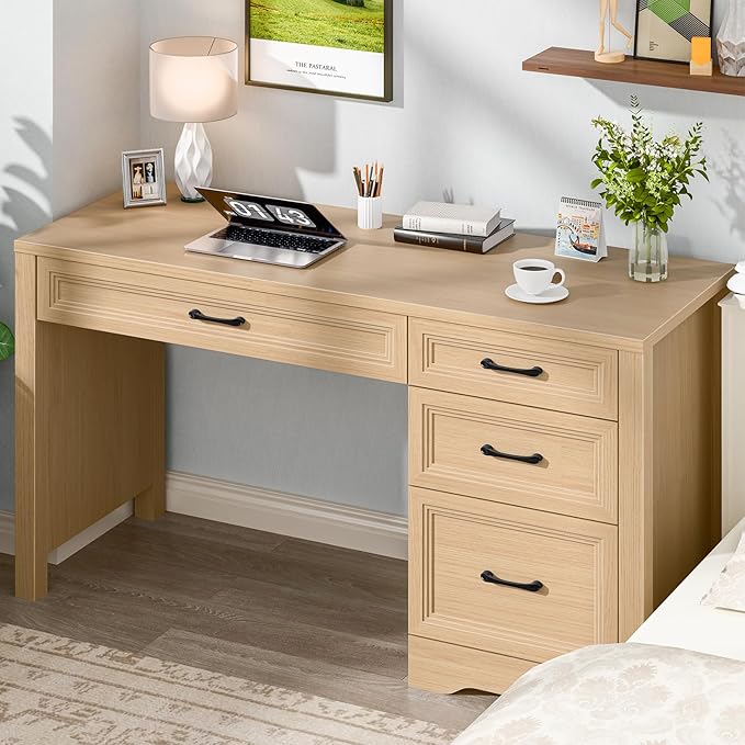 Vabches Farmhouse Executive Desk with Storage and Ample File Drawer, Rustic Large Home Writing Desk for Bedroom, Natural