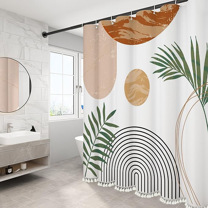 Boho Mid Century Leaf Shower Curtain Set,Arch Sun Design,Minimalistic Leaves Pattern,Waterproof and Luxurious Fabric-12 Hooks(White-72" x 72")