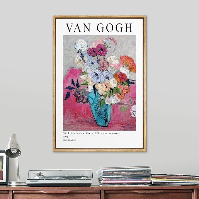 SIGNLEADER Framed Canvas Print Wall Art Still Life Japanese Roses Van Gogh Botanical Brushstroke Illustrations Traditional Colorful Multicolor for Living Room, Bedroom, Office - 24"x36" Natural