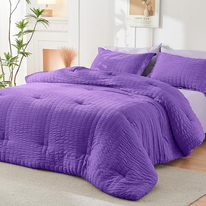 HYMOKEGE Dark Purple/Lavender Twin Comforter Set Seersucker 5 Pieces, All Season Luxury Bed in a Bag for Bedroom, Bedding Set with Comforter, Sheets, Pillowcase & Sham