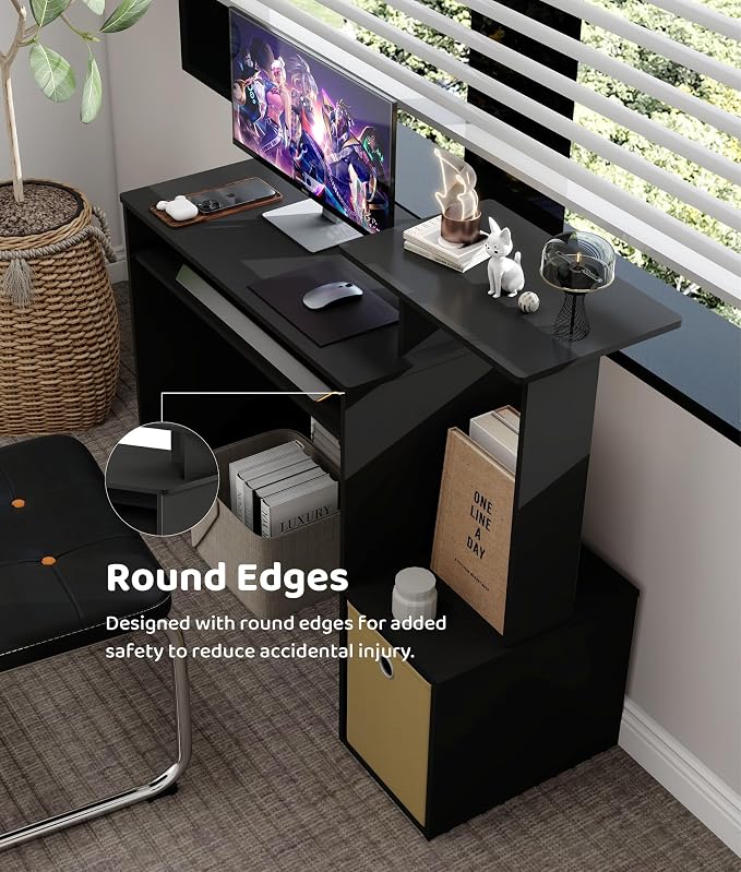Small Computer Writing Desk with Drawers, Home Office Desk with Storage Shelves for Home Office Bedroom, Black/Brown