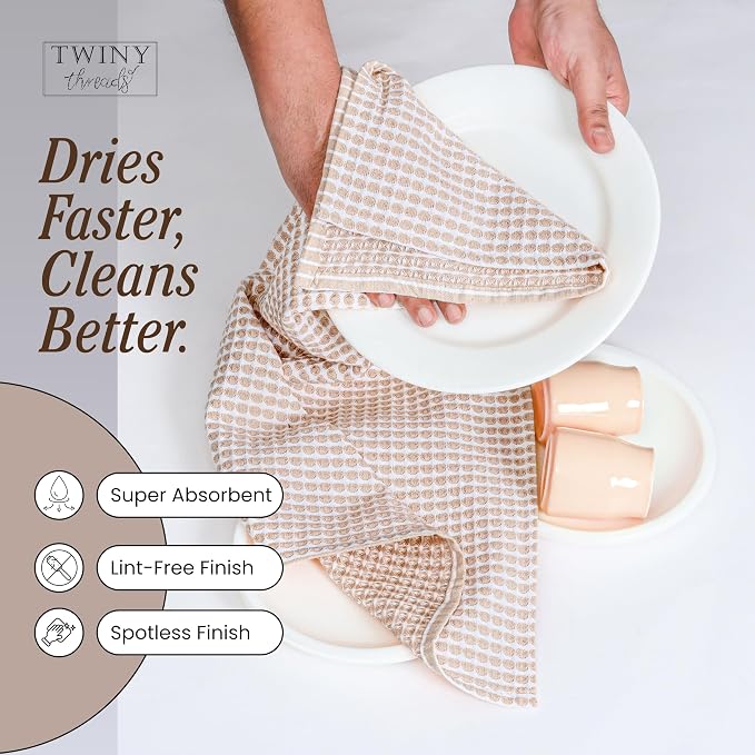 TWINY threads Circle Waffle Tea Towels Set of 4, 16x26 Inch, 100% Cotton, Durable, Soft, Waffle Weave Hand Towels, Reusable Cloths, Ideal for Cooking, Baking, Household, Assorted Colors