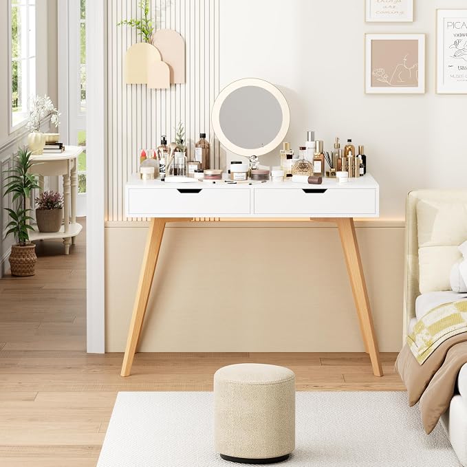 FOTOSOK White Computer Writing Desk with 2 Drawers, Small Desk Makeup Vanity Table Wood Desk with 4 Oak Legs, Modern Home Office Desk Console Study Table